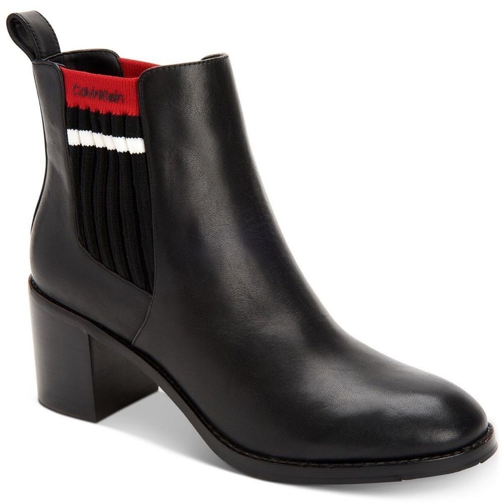 Calvin Klein Black Leather Women's Perron Booties Chunky Heel Sz 8